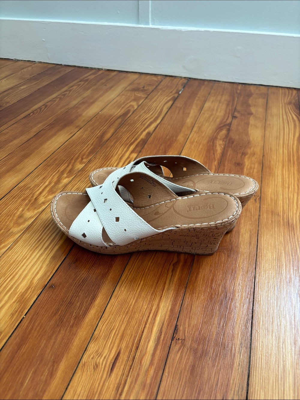Born White Leather Cork Wedge Slide Sandals